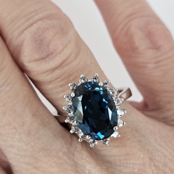 Genuine London Blue Topaz & White Topaz Ring in Rhodium/ Sterling Silver Sz 8! - Picture 13 of 16